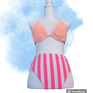 BRAZILLIAN cut HOT Pink Stripe HIGH Waisted Bikini Bottoms & Crotched top